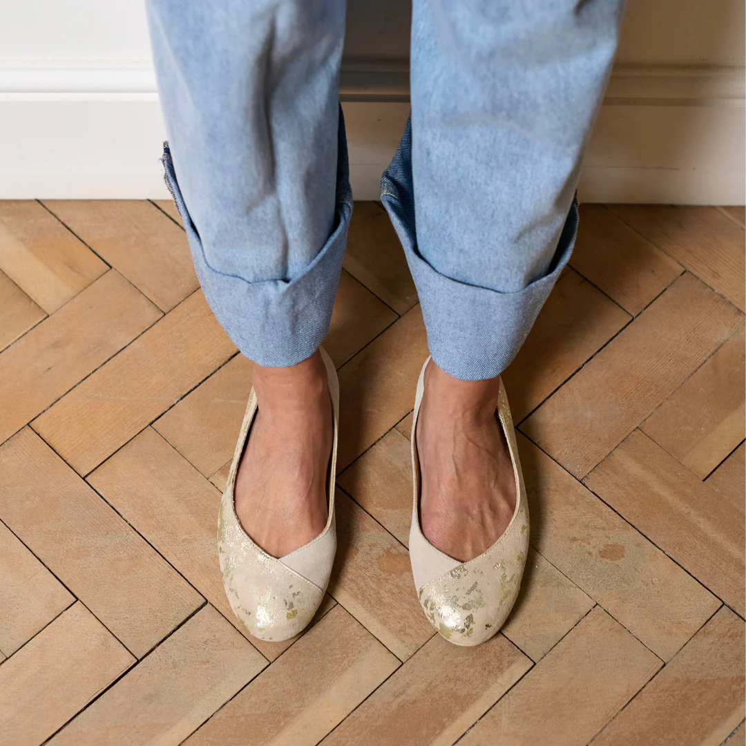 Charlotte - Textured Gold Suede Ballerinas - Image 9