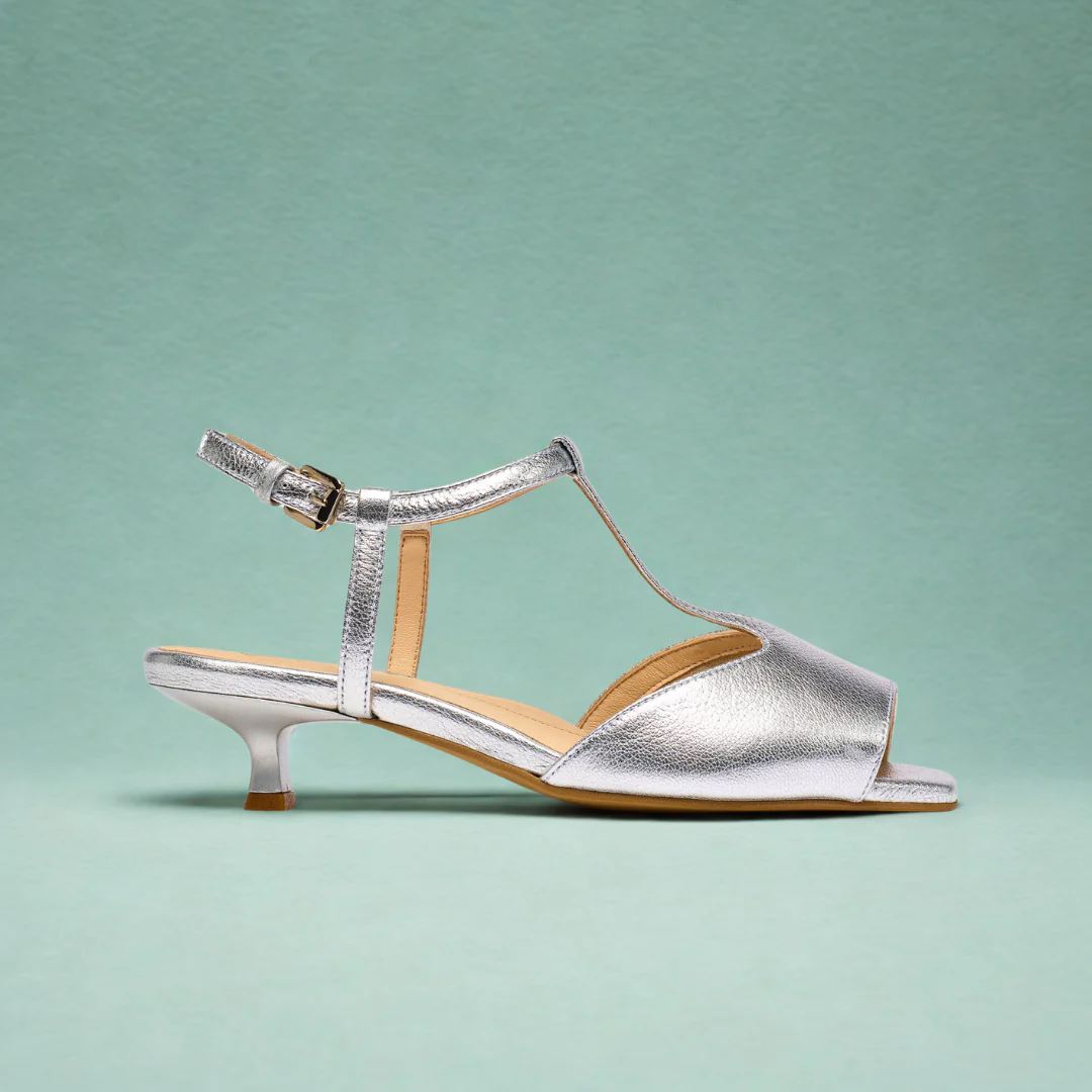 Edith - Silver Leather Kitten Heels