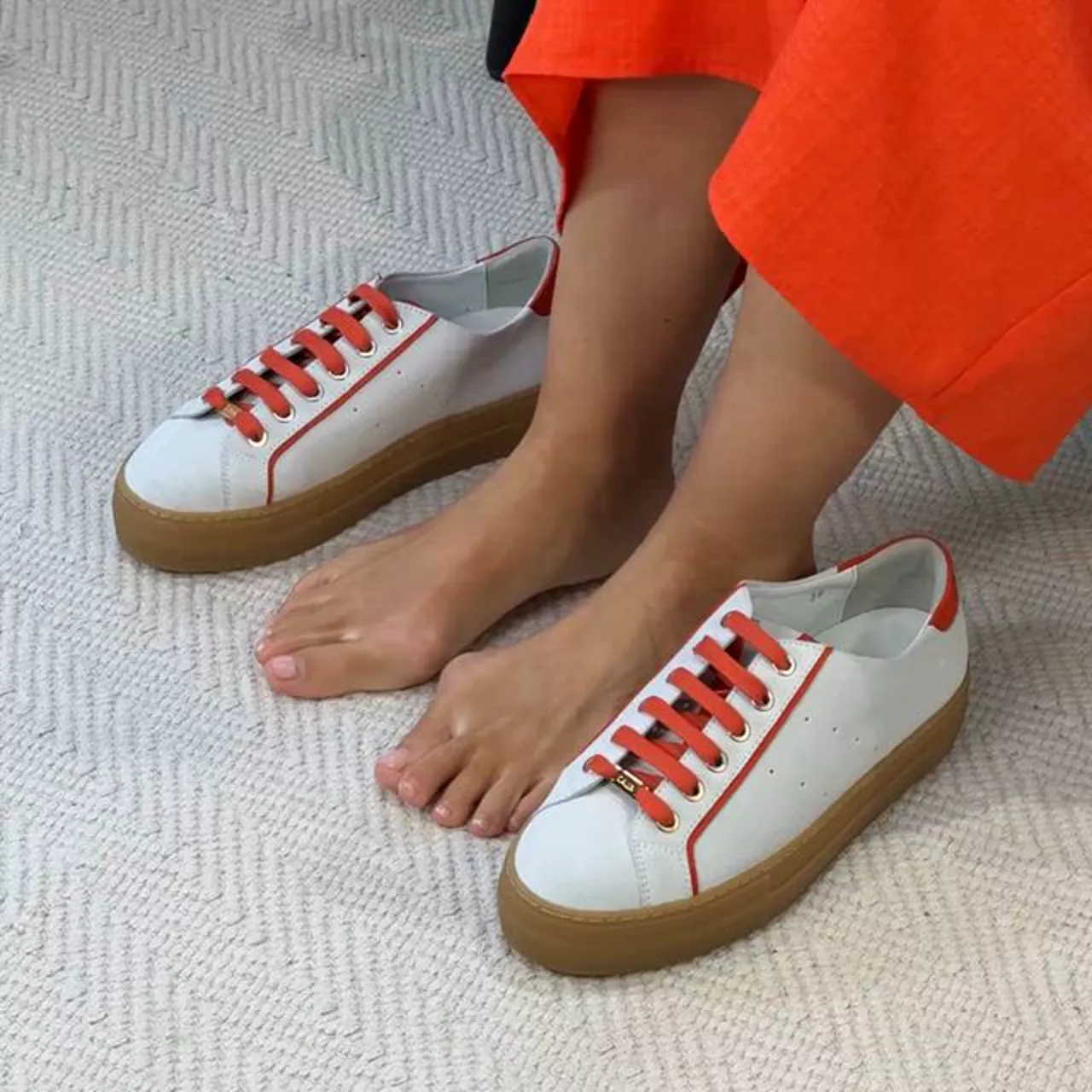 Saturn - Cream & Orange Suede Wide Fit Sneakers - Image 3